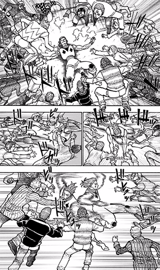 「ビッ、ドゴッ、ドガッ、ドヒュッ」 … 迫ってくるコピー人形をさばくのに大忙しのヒソカさん